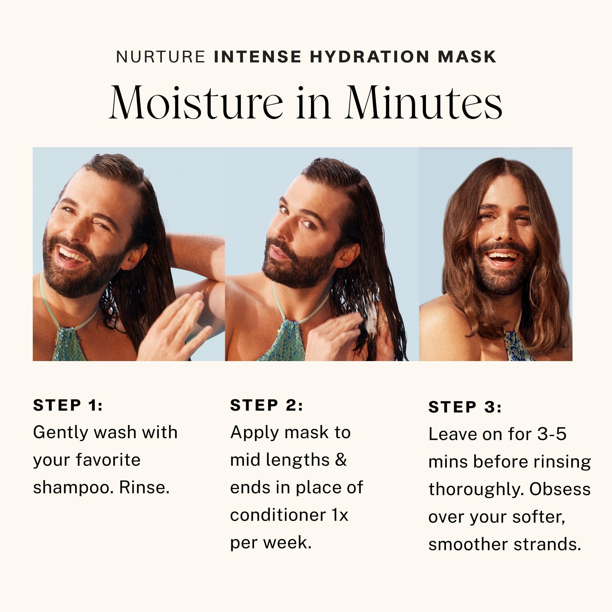 JVN Nurture Mask rinse-off image highlights smooth, silkier strands post-wash.