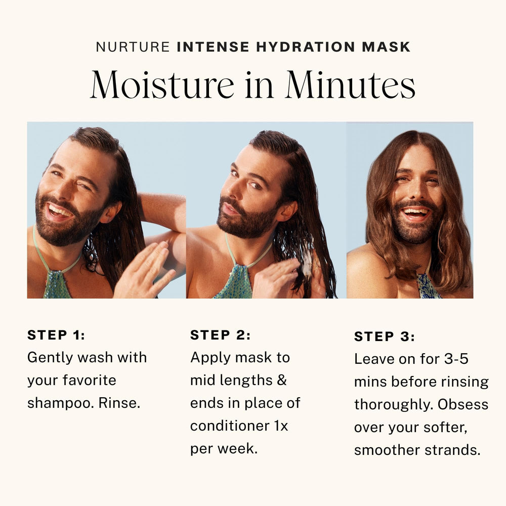 JVN Nurture Mask rinse-off image highlights smooth, silkier strands post-wash.