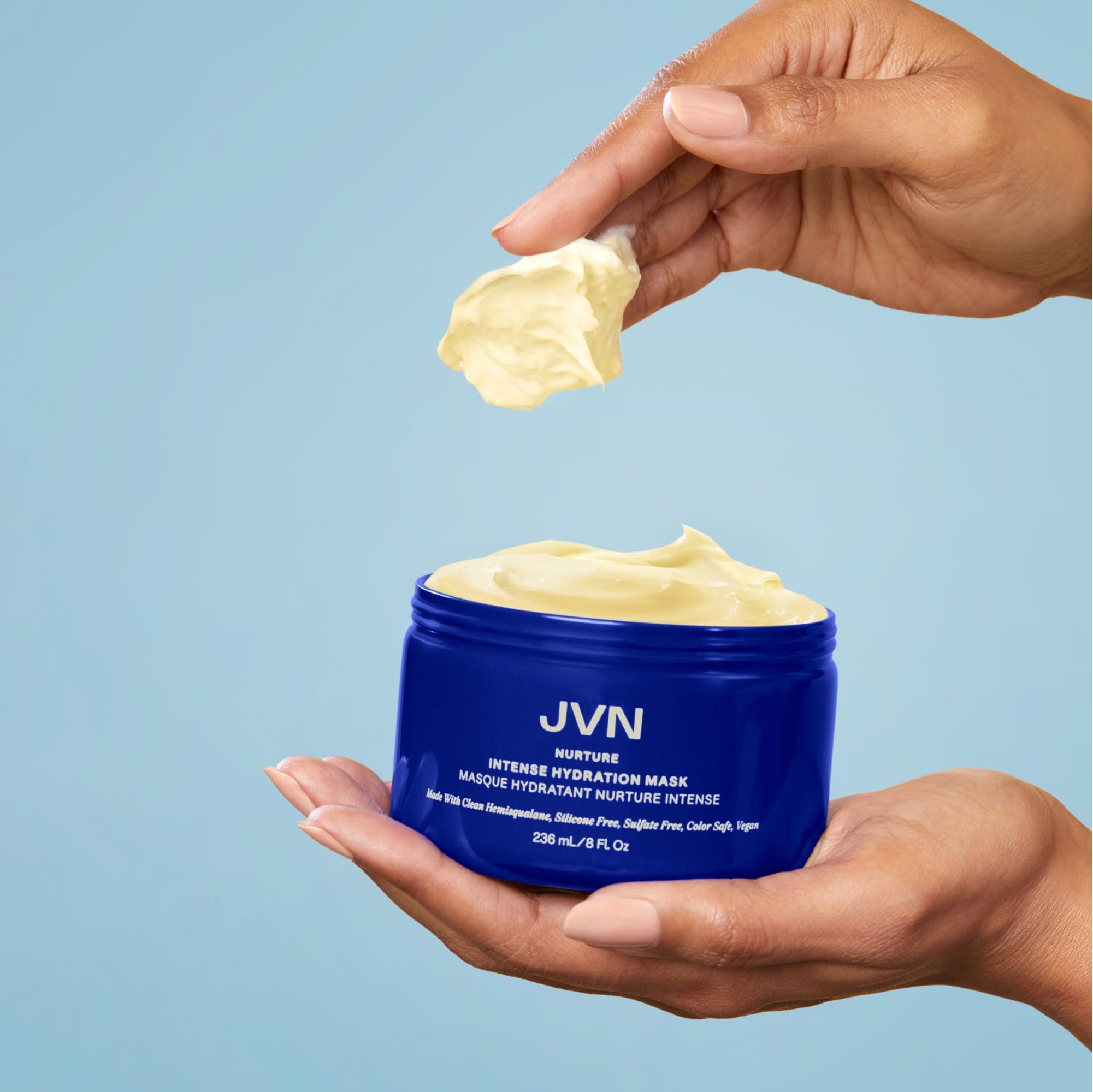 JVN Nurture Mask closeup reveals silky hair texture after treatment.