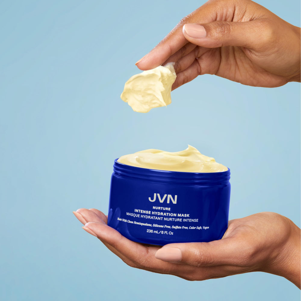 JVN Nurture Mask closeup reveals silky hair texture after treatment.