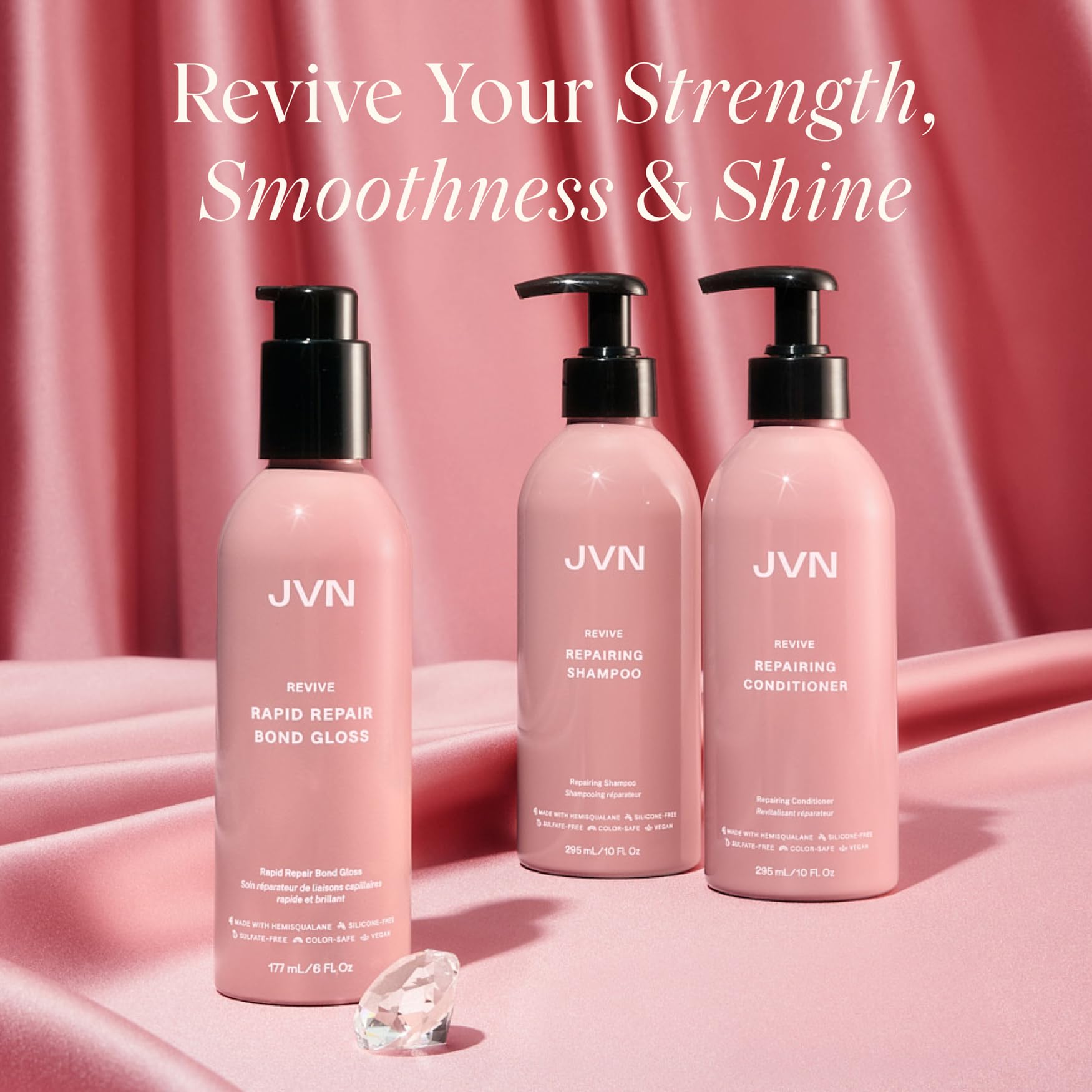 JVN Revive repairing conditioner bottle promotes smooth, frizz-controlled strands for healthy-looking ends.