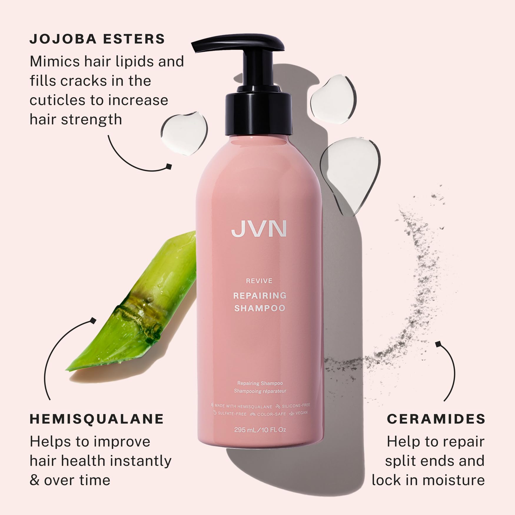 JVN Revive shampoo close-up showing rich lather for scalp care and gentle cleansing.