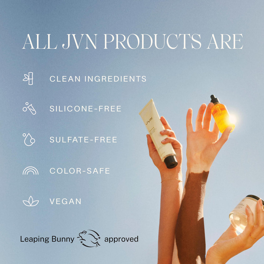 JVN Travel-friendly set packaging on vanity highlights convenient on-the-go care