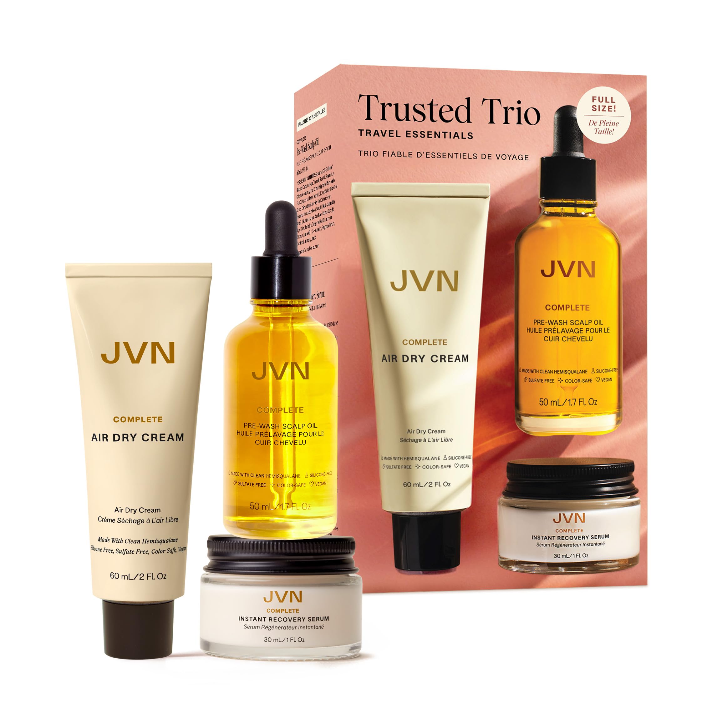 JVN Trusted Trio travel essentials pack-shot showing full set for on-the-go hair care