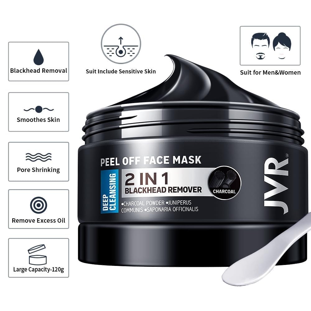JVR Charcoal Peel Off Mask close-up shows pore purification for clearer skin