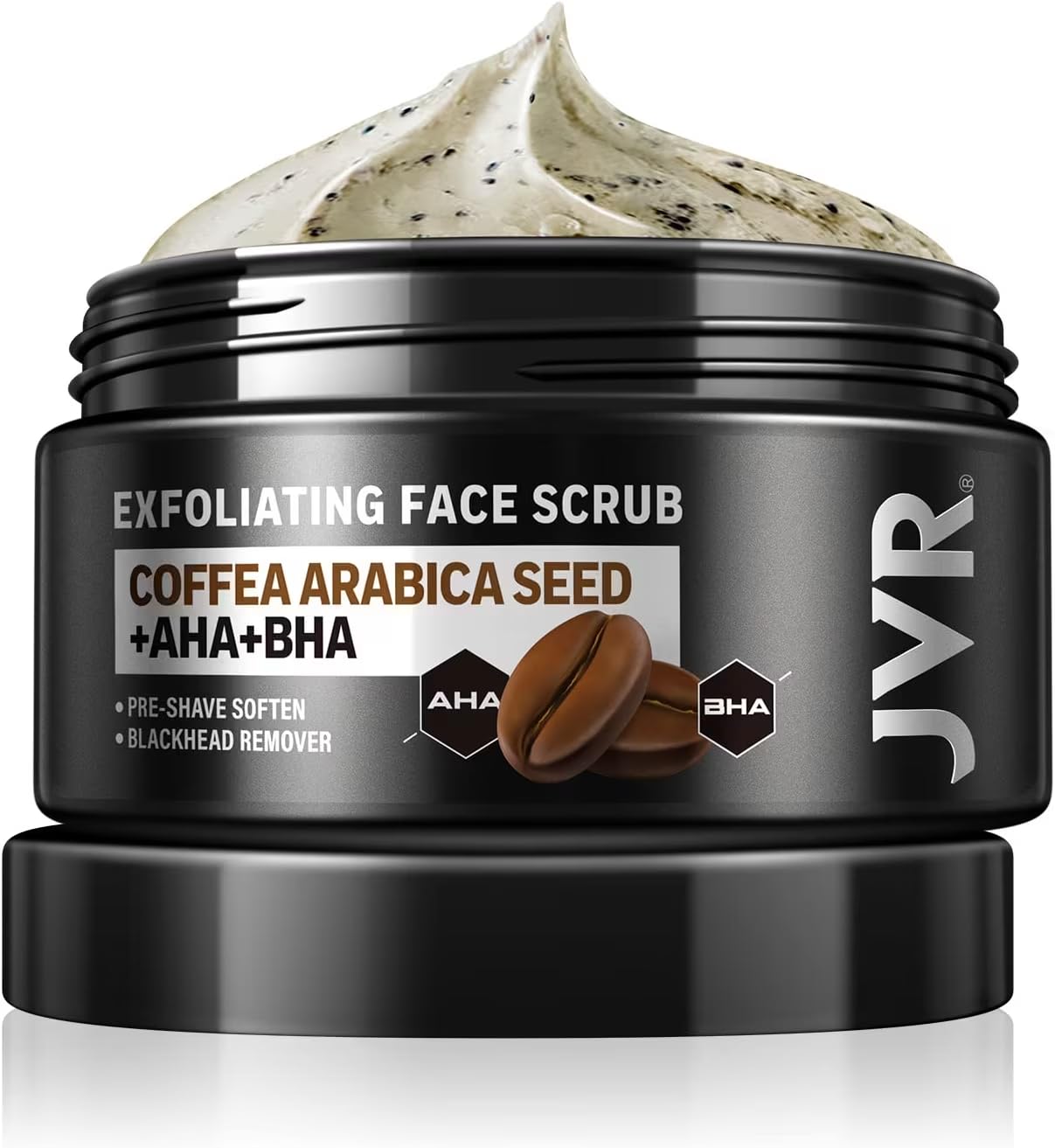 JVR Face Scrub coffee exfoliation bottle helps deep cleanse pores and soften skin during a wash.