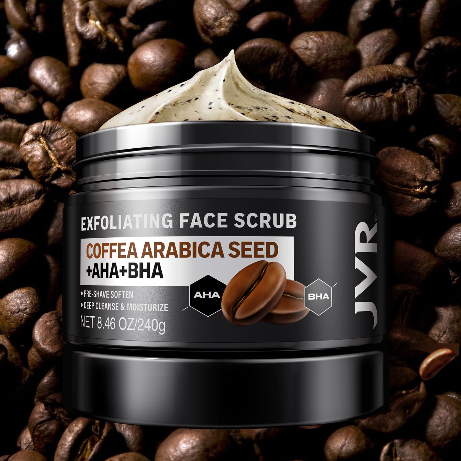 JVR Face Scrub with coffee extract and AHA BHA ingredients highlighted