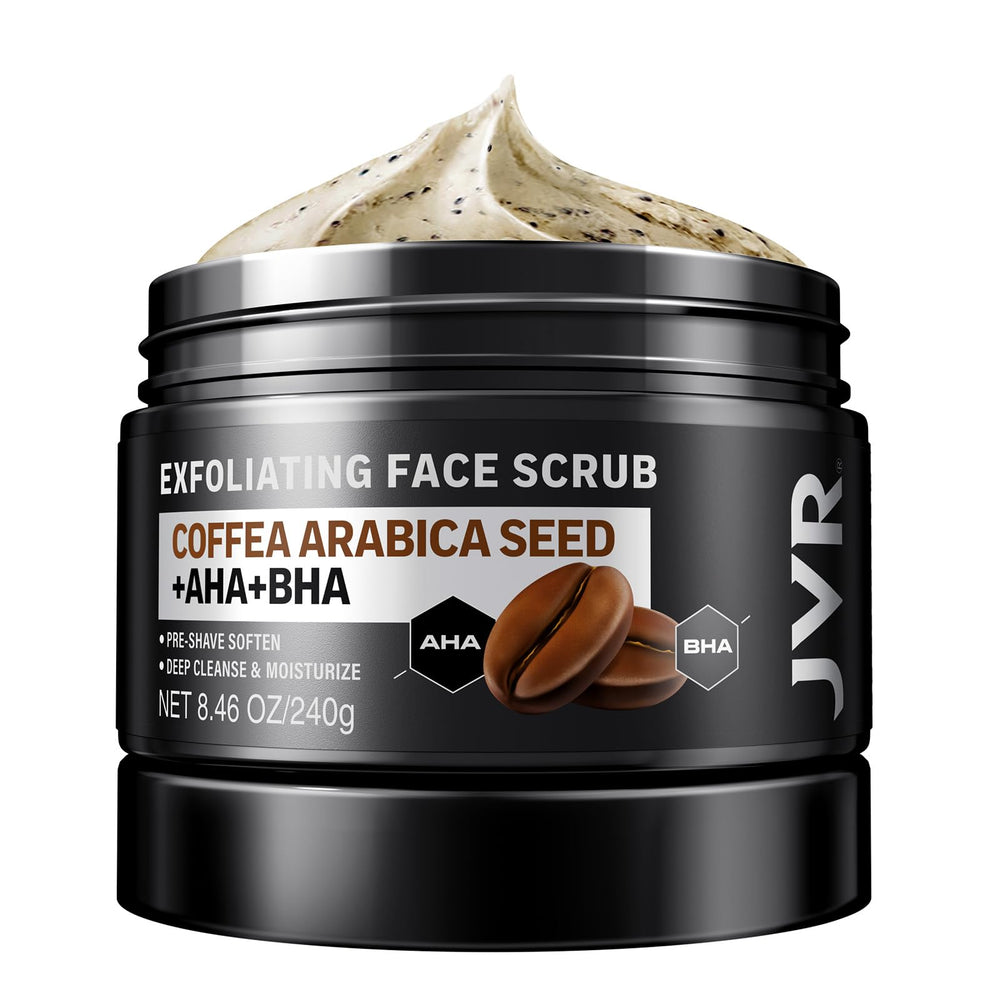 JVR Face Scrub for Men bottle close-up highlighting coffee extract for deep cleansing