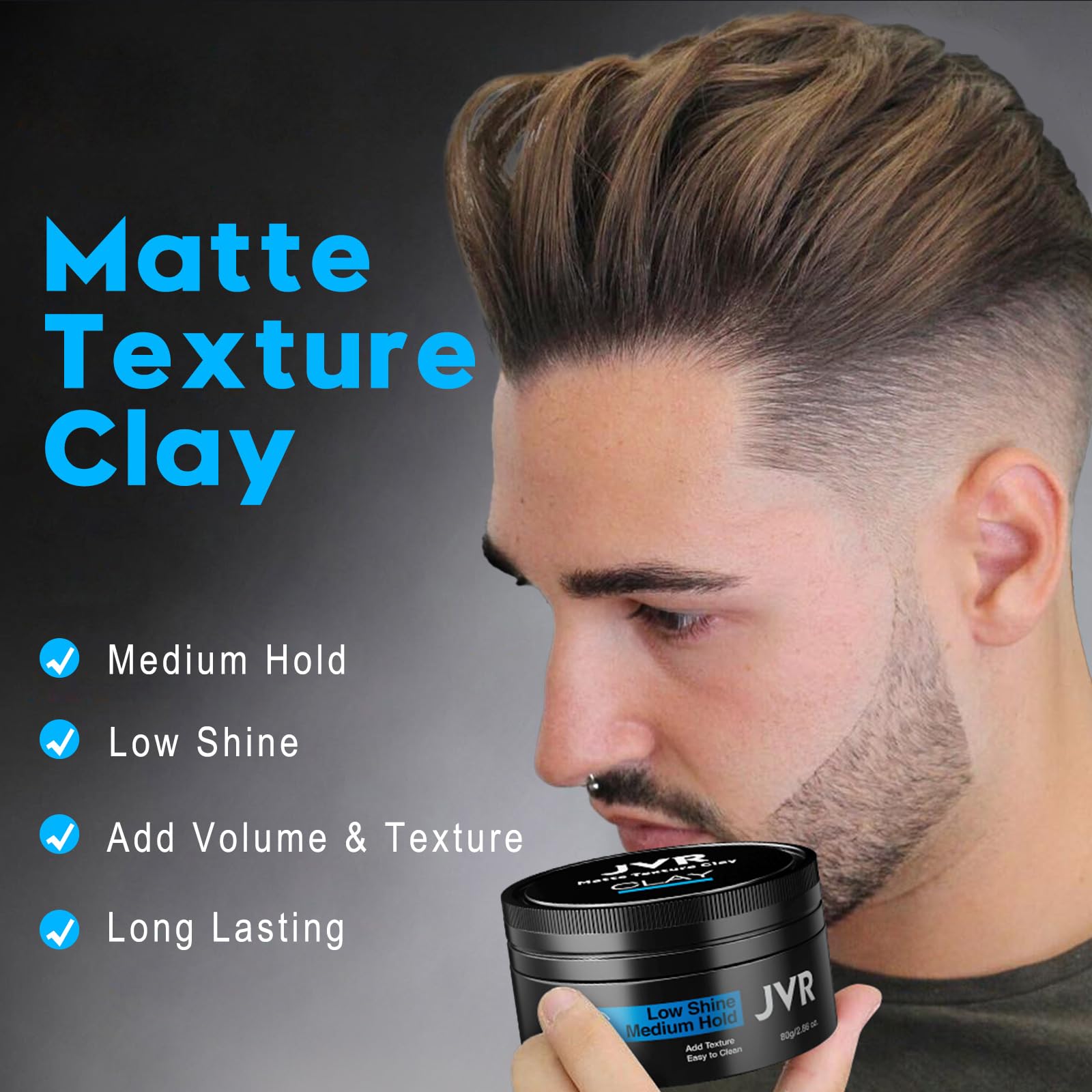 JVR Hair Clay bottle closeup highlights water-based formula for easy washout