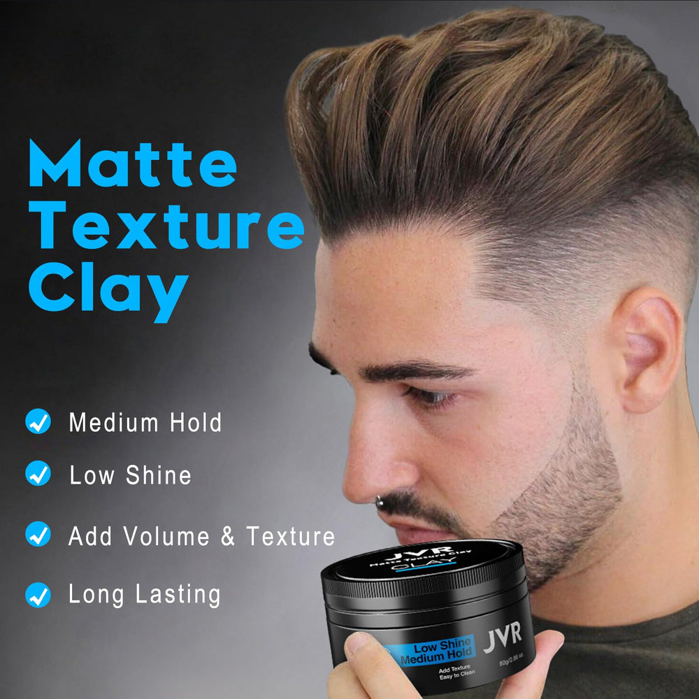 JVR Hair Clay bottle closeup highlights water-based formula for easy washout