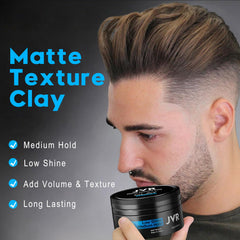 JVR Hair Clay bottle closeup highlights water-based formula for easy washout