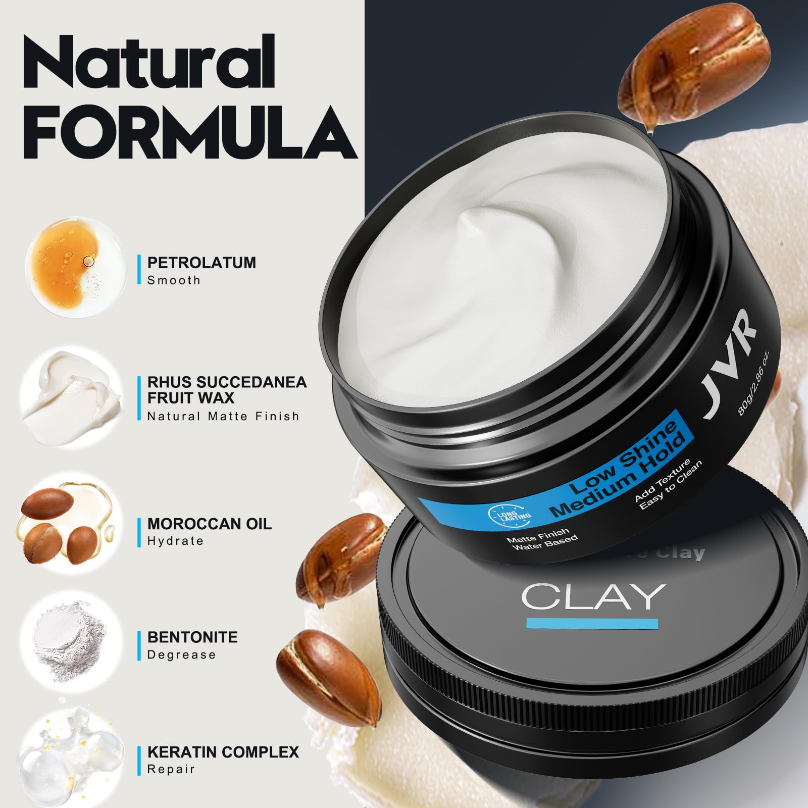 JVR Hair Clay natural ingredients like bentonite and shea butter support hair health
