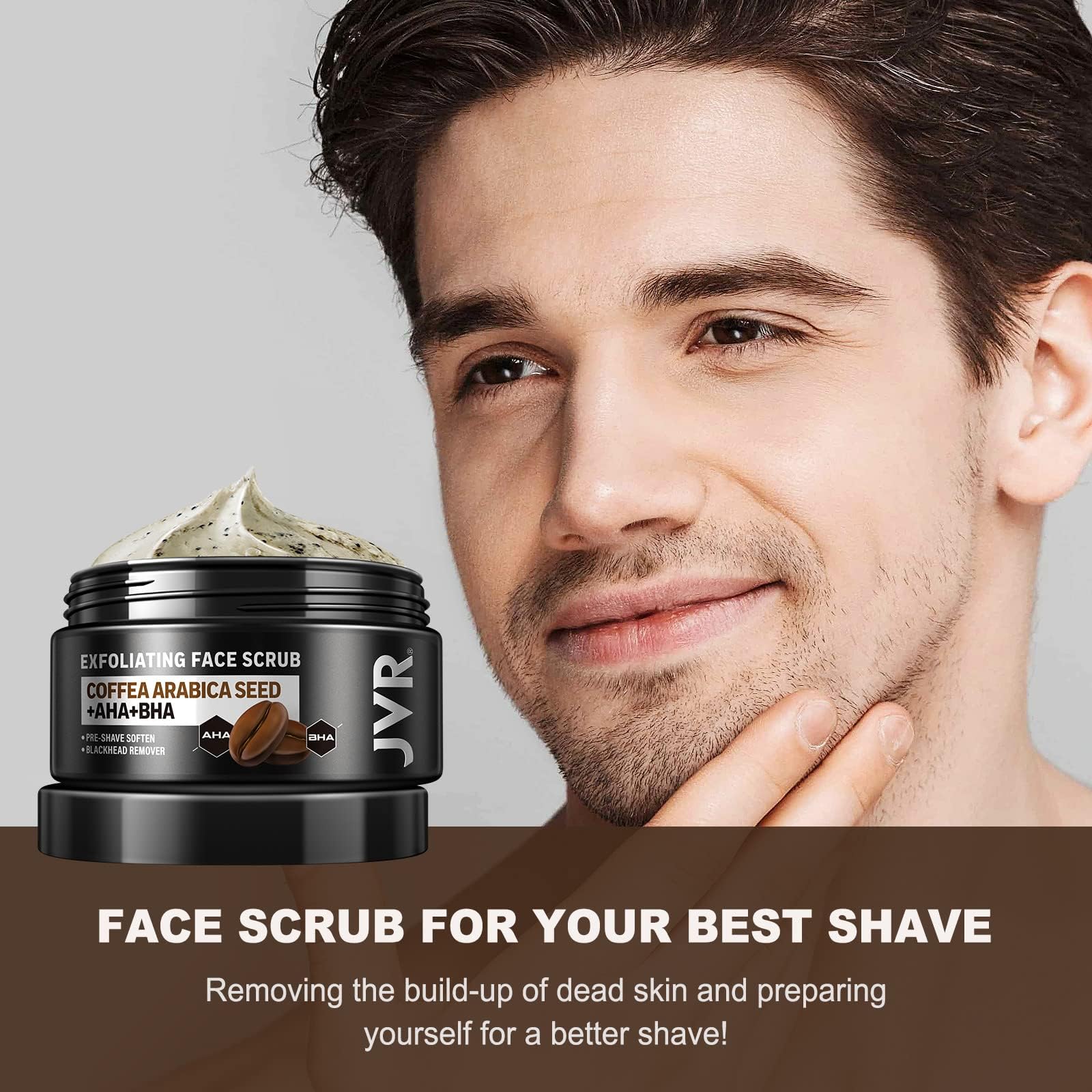 JVR Pre-shave softening beard area closeup emphasizes keratin removal for less razor irritation.