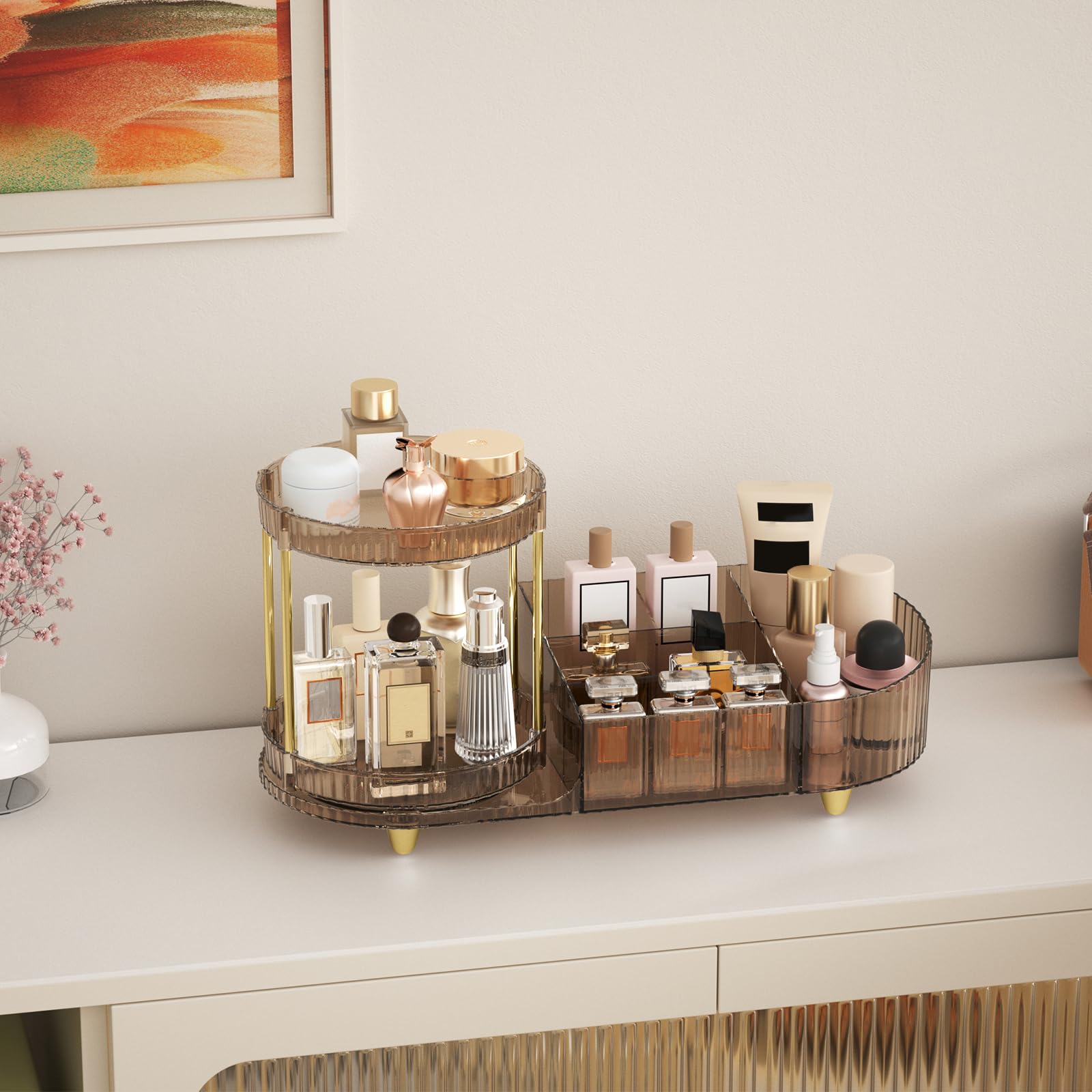 Jywantful clear brown vanity desk organizer with gold accents adds style to any counter