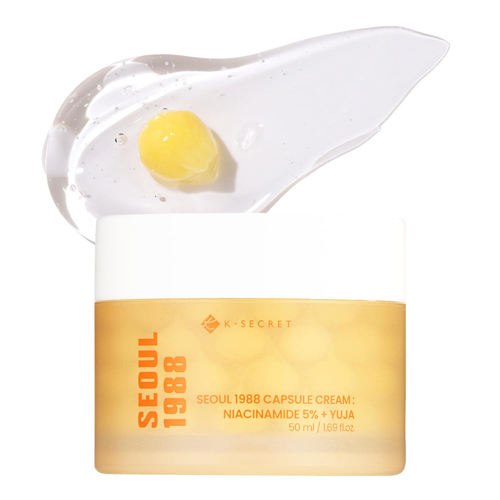 K-SECRET Seoul 1988 Niacinamide Capsule Cream dual-texture jar showing gel and capsules for balanced hydration