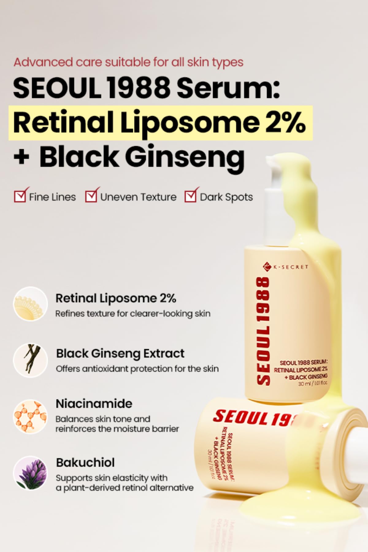 K-SECRET Seoul 1988 Retinal Serum packaging highlights liposome delivery