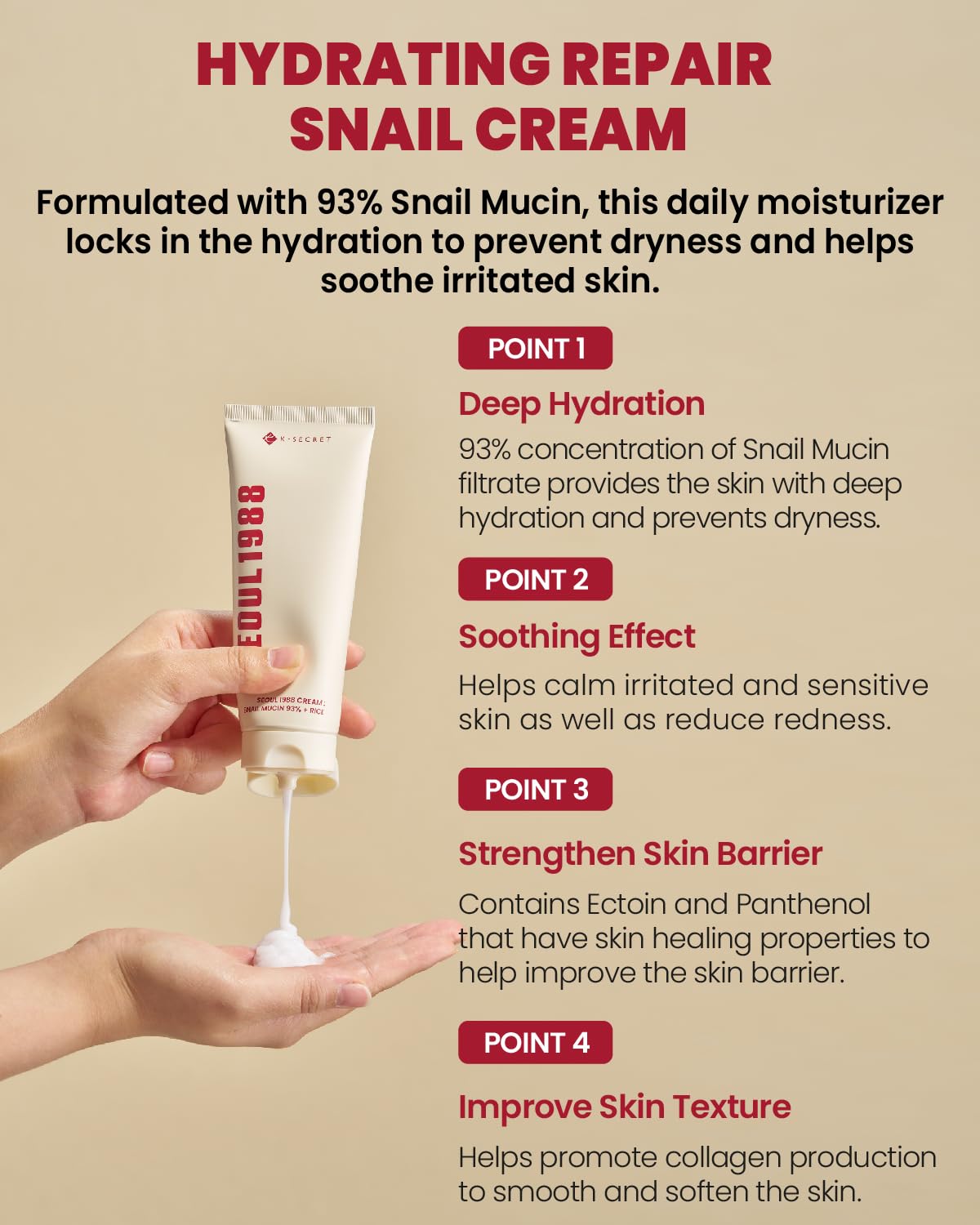 K-SECRET Seoul 1988 Snail Mucin 93% Cream ingredients panel highlights Panthenol and Ectoin benefits
