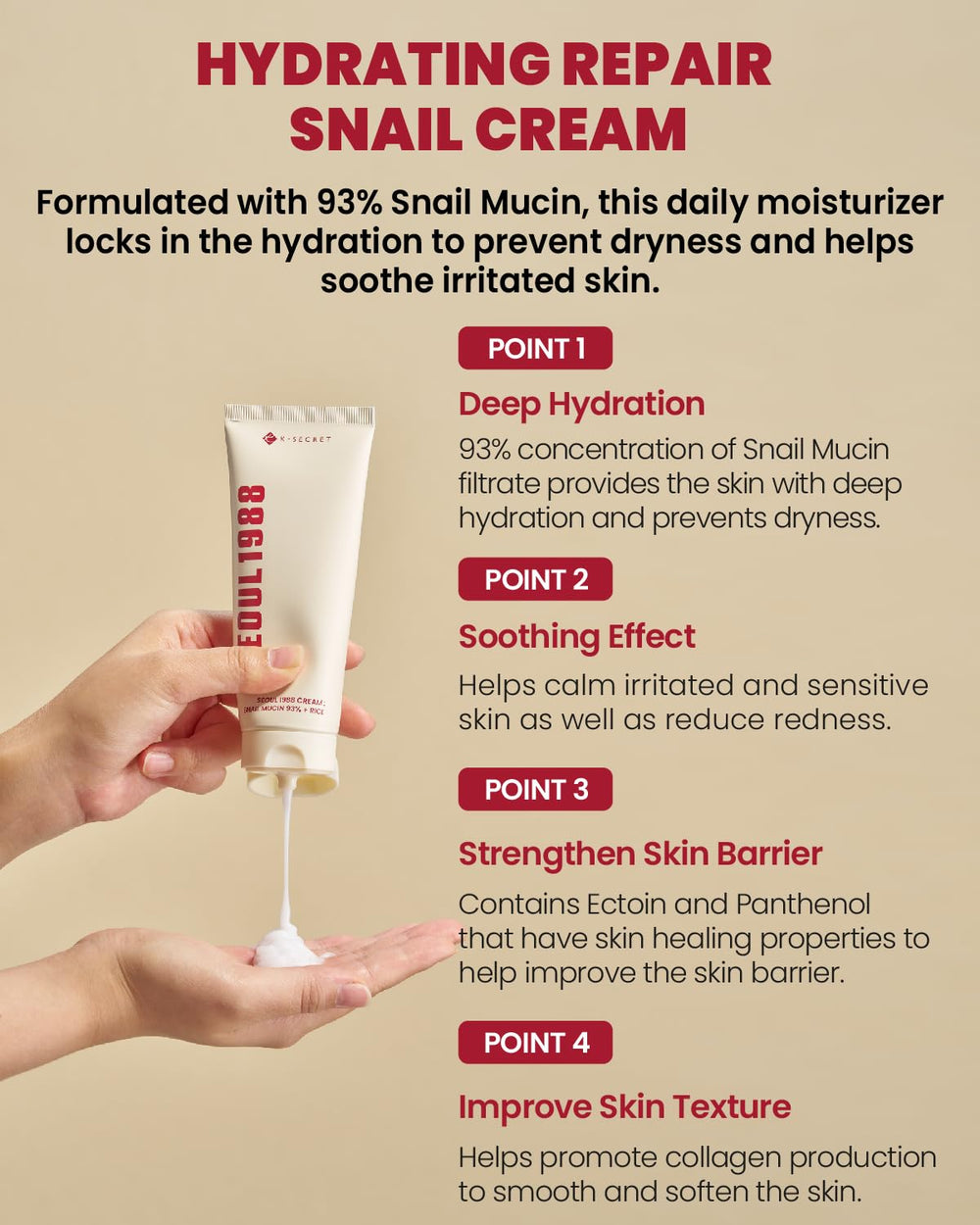 K-SECRET Seoul 1988 Snail Mucin 93% Cream ingredients panel highlights Panthenol and Ectoin benefits