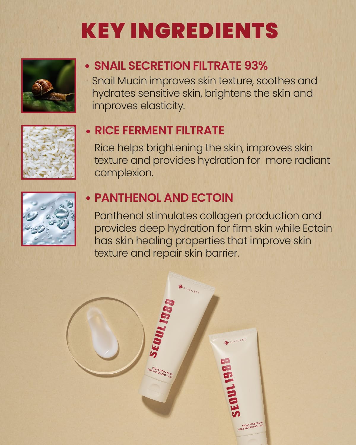 K-SECRET Seoul 1988 Snail Mucin 93% Cream on face shows quick absorption with smooth finish