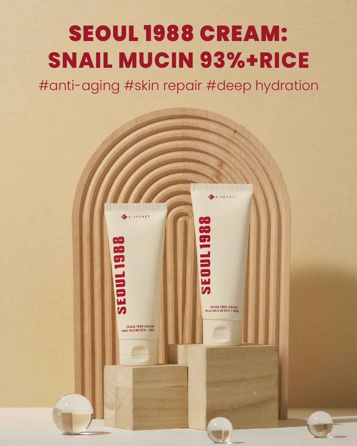 K-SECRET Seoul 1988 Snail Mucin 93% Cream texture swirl demonstrates non-greasy, fast-absorbing formula