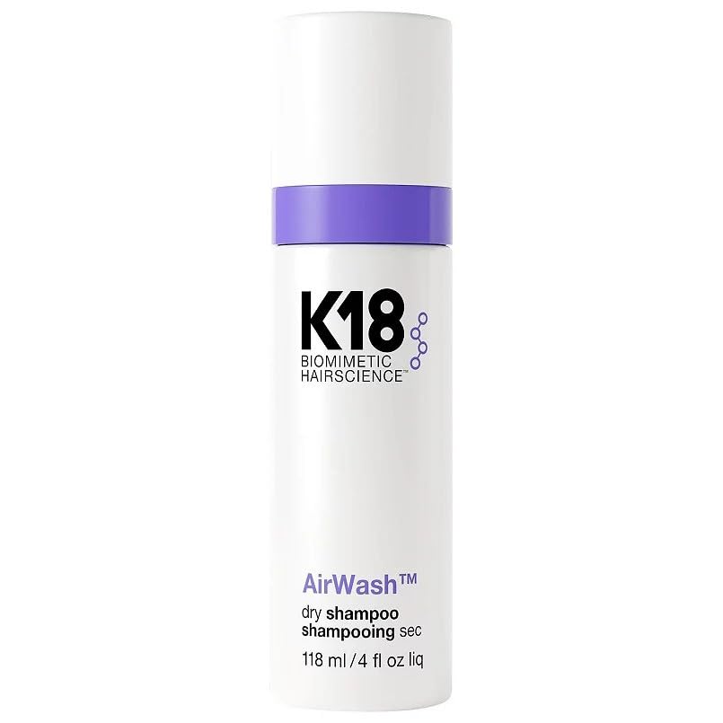 K18 AirWash Dry Shampoo bottle highlights compact 4 oz design for on-the-go refresh and oil control.