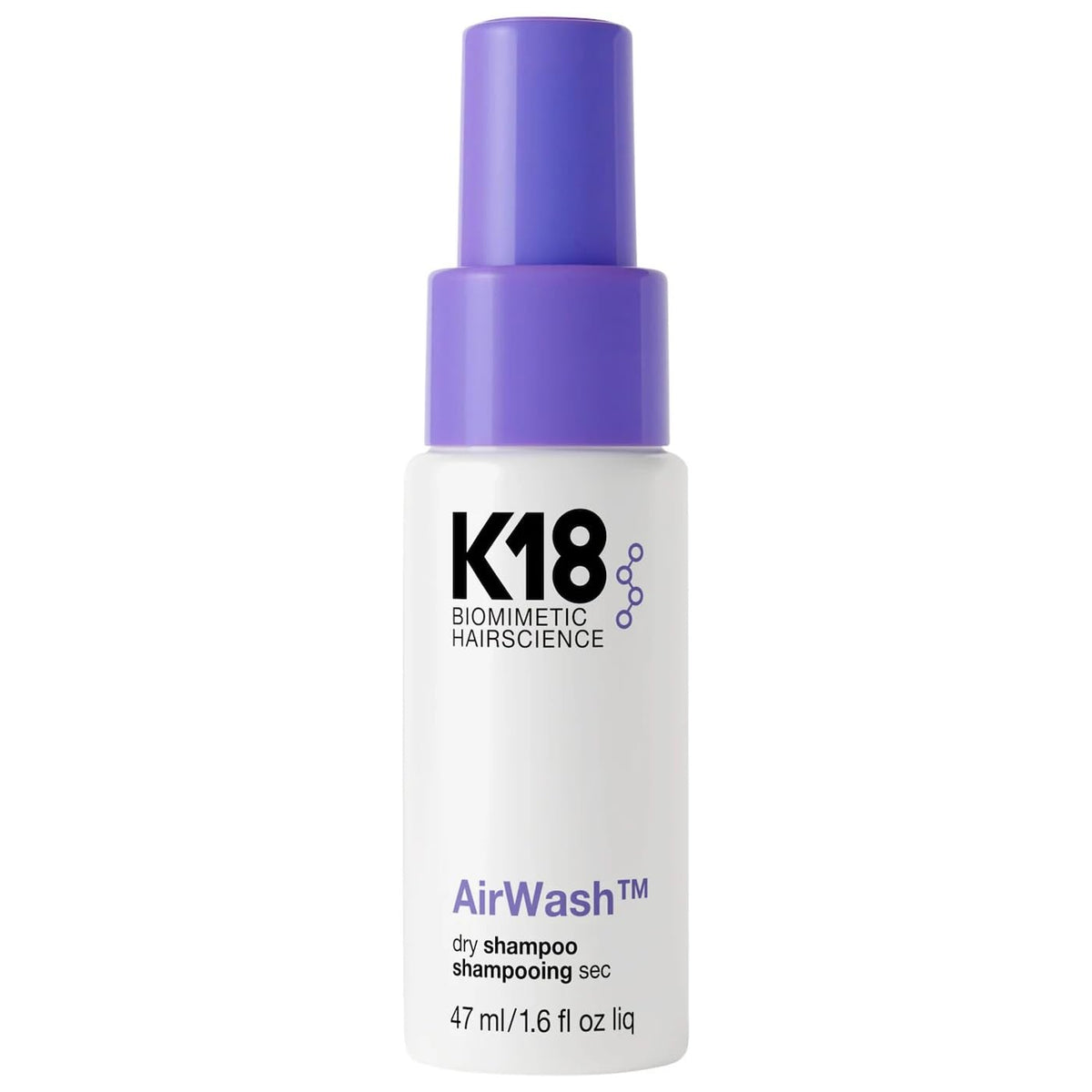 K18 AirWash dry shampoo bottle shows the non-aerosol design for oil control.