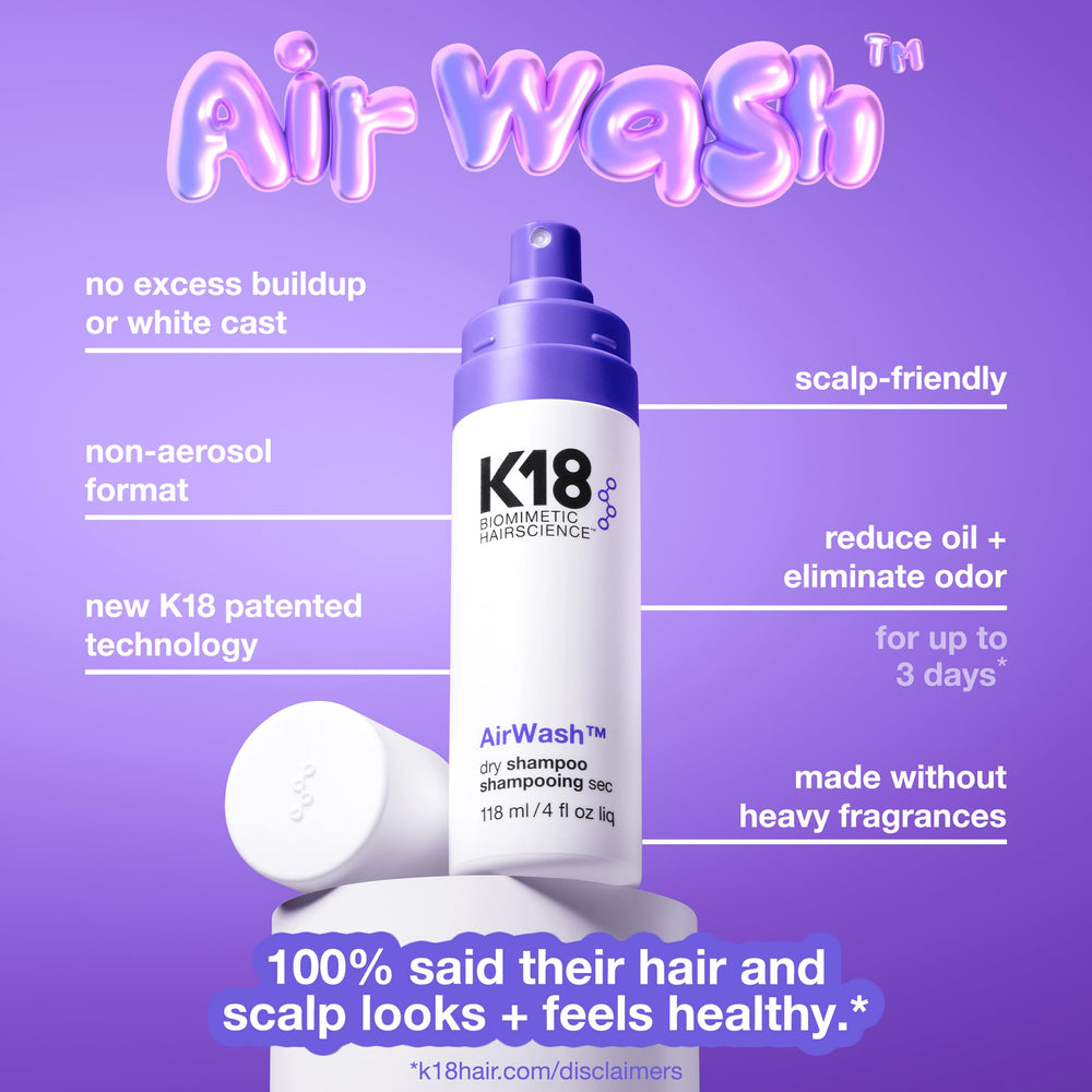 K18 AirWash odorbind science reveals odor control and oil balance tech.