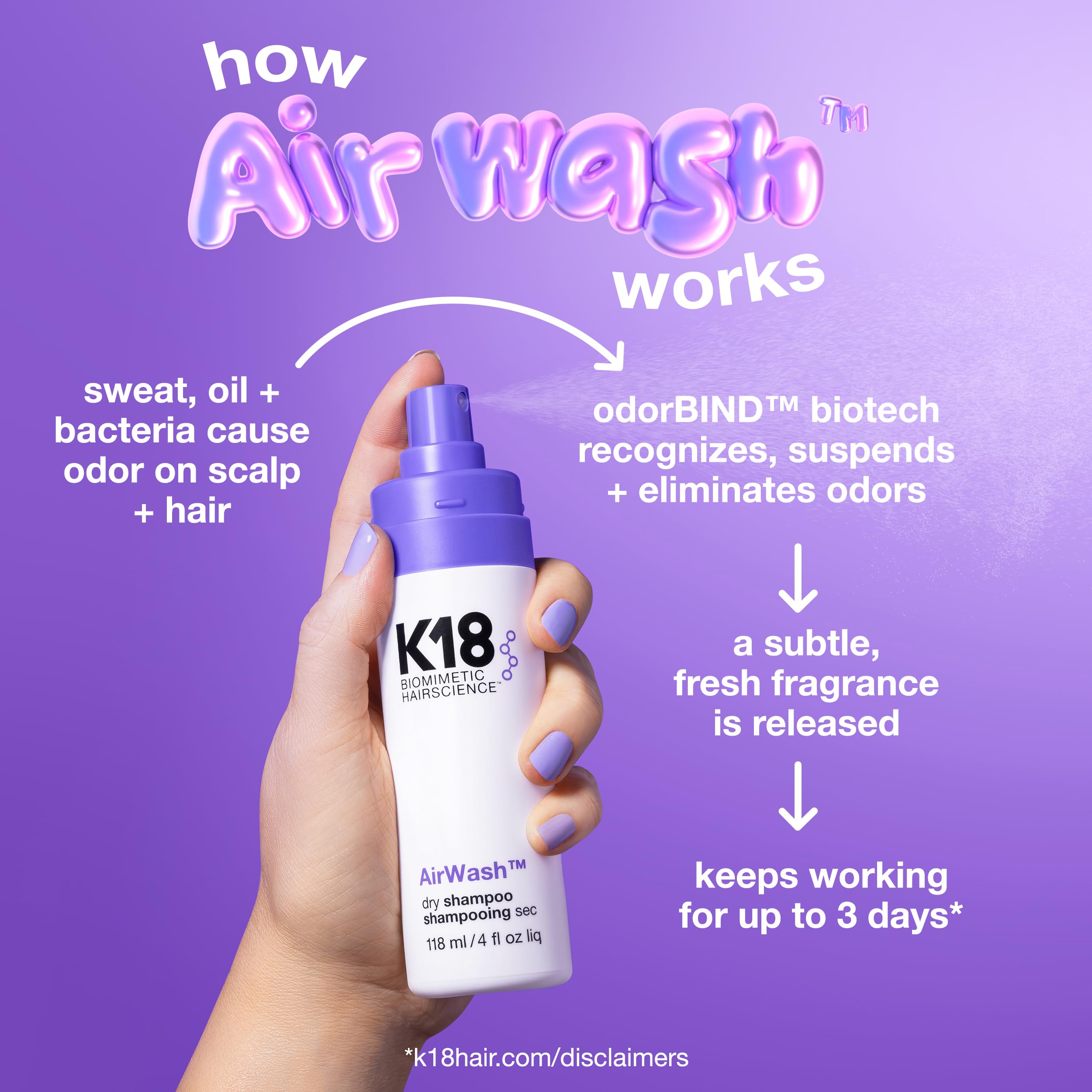 K18 AirWash powder disperses for a quick root refresh and oil balance.
