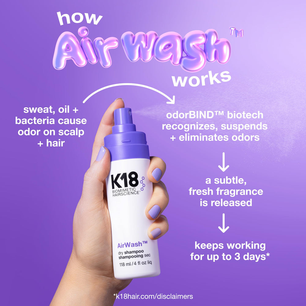 K18 AirWash powder disperses for a quick root refresh and oil balance.