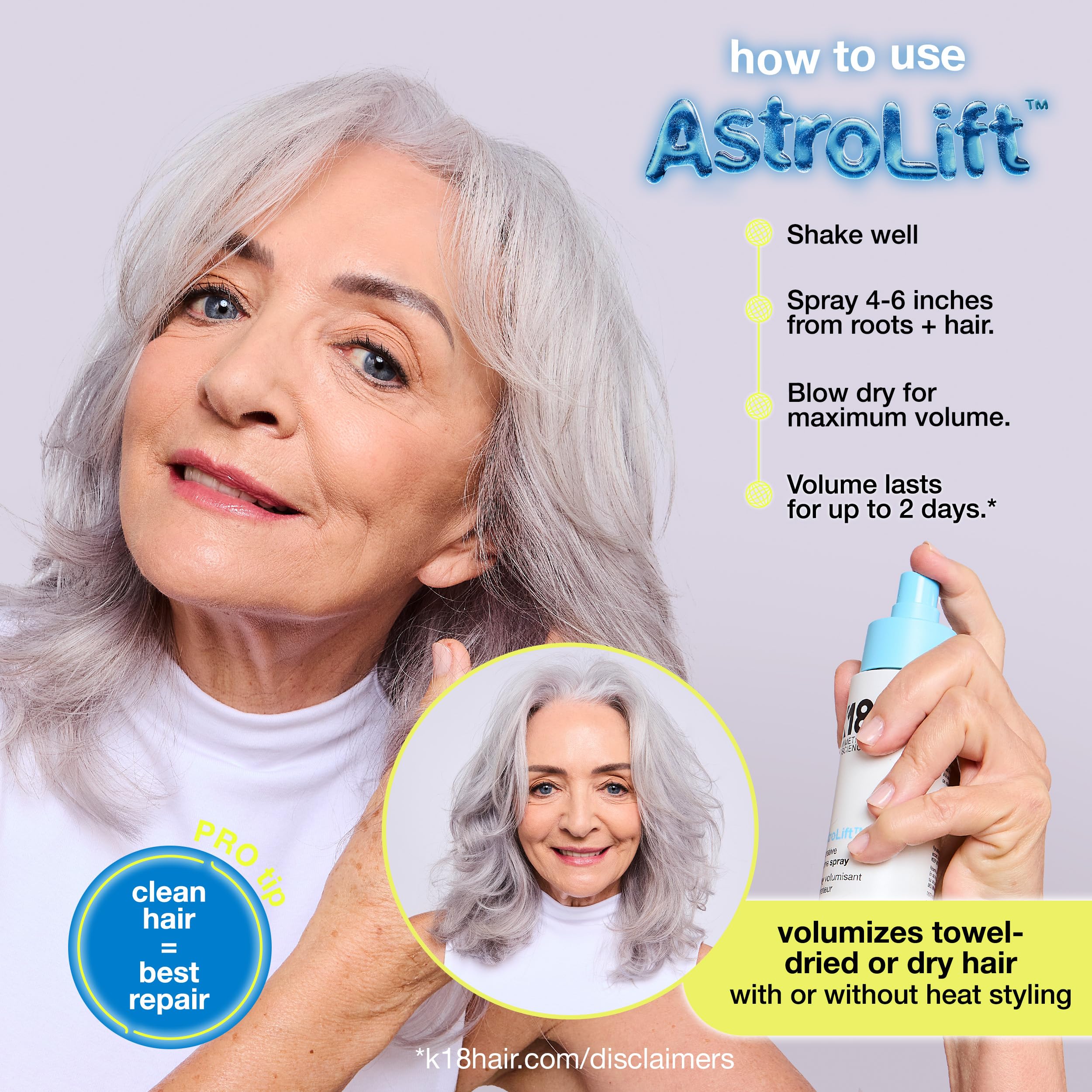 K18 AstroLift volume at roots to ends demonstrating added thickness