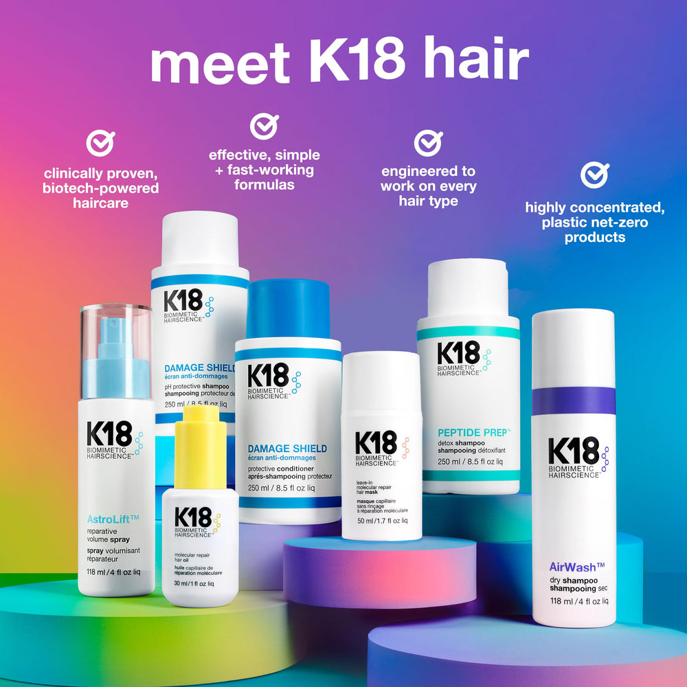 K18 bottle-closeup highlights premium at-home treatment for damaged hair.