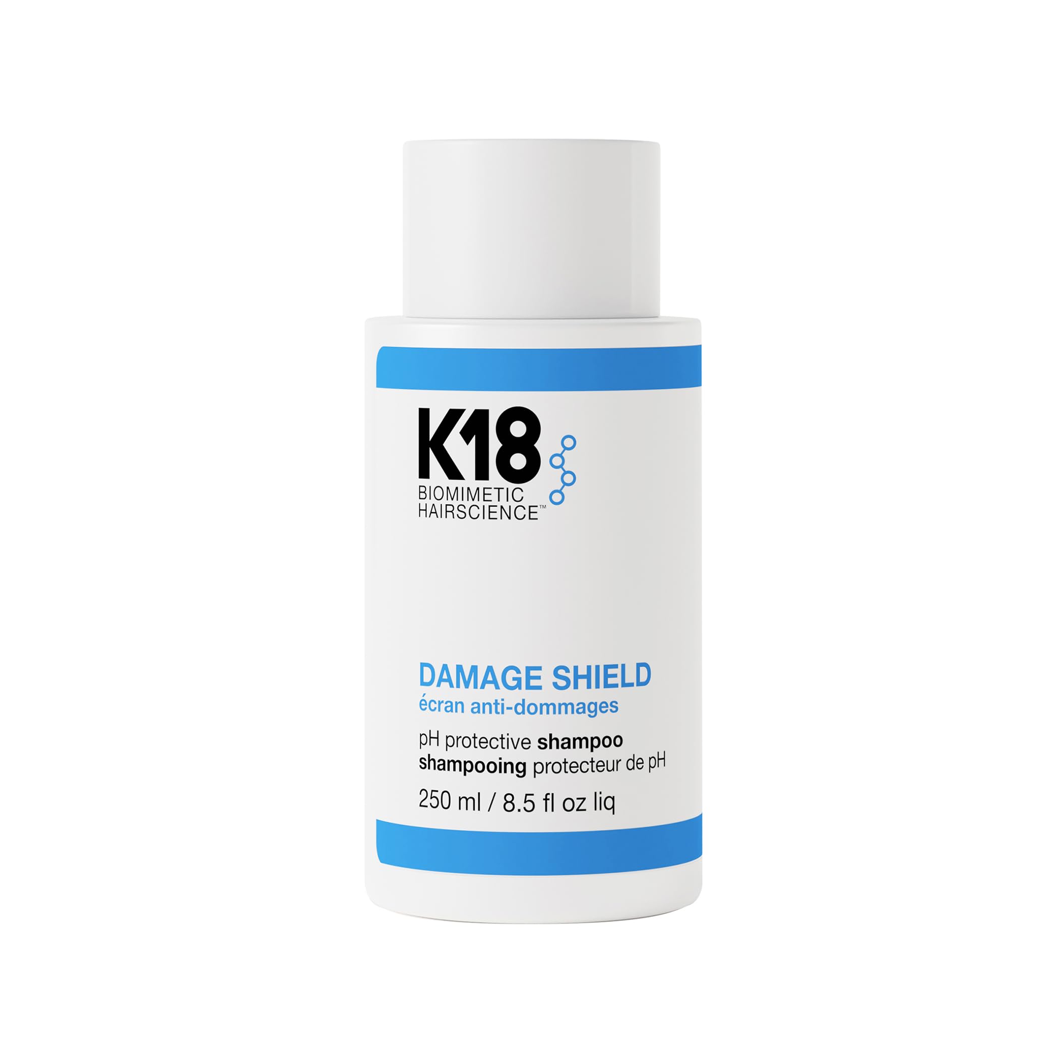 K18 Damage Shield shampoo bottle front — color-safe cleansing in action.