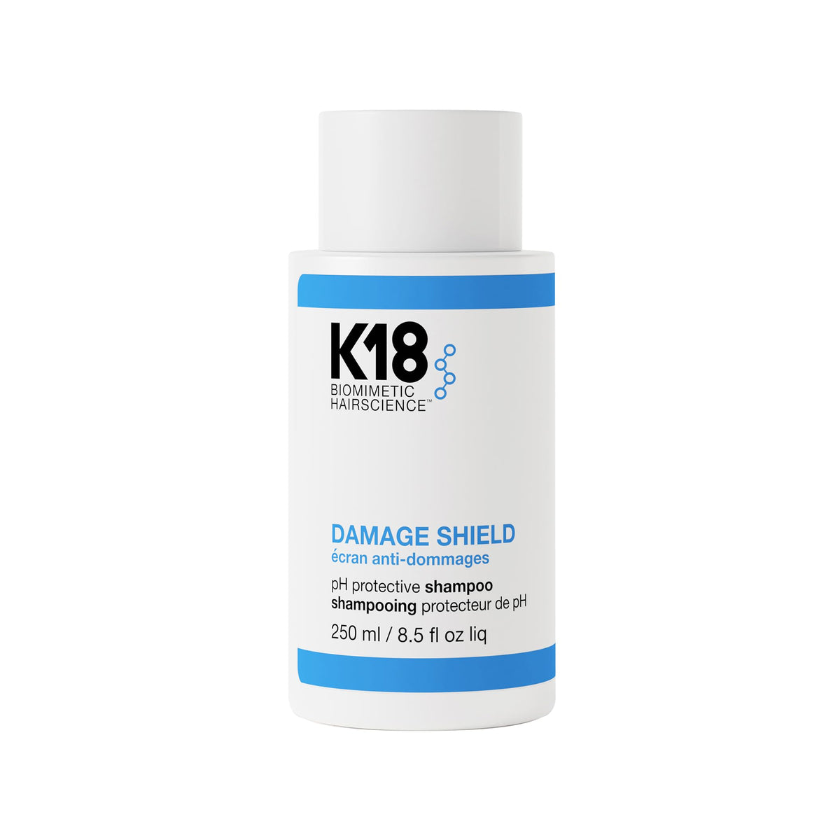 K18 Damage Shield shampoo bottle front — color-safe cleansing in action.