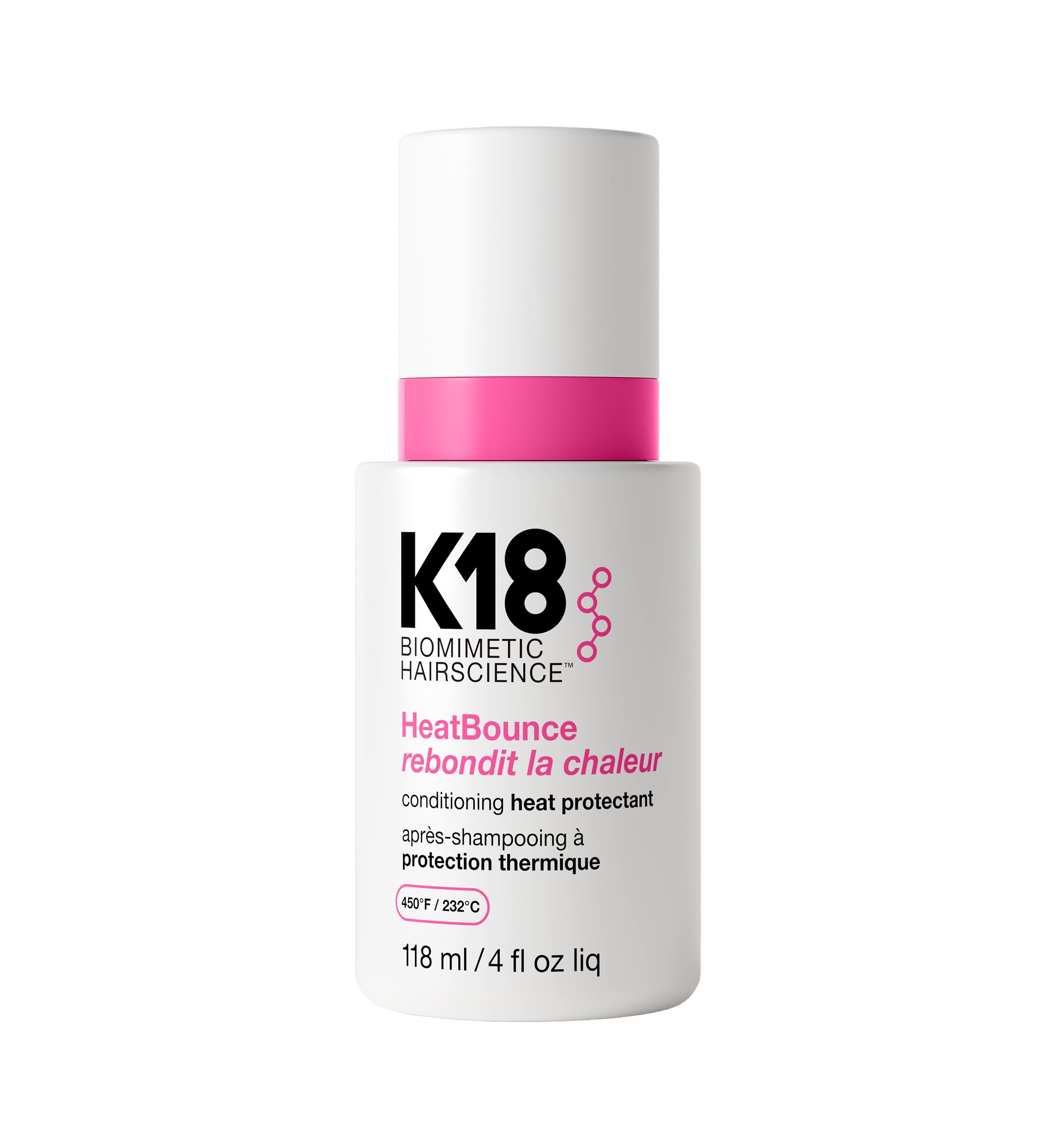 K18 HeatBounce bottle front view showing lightweight leave-in conditioner for detangling