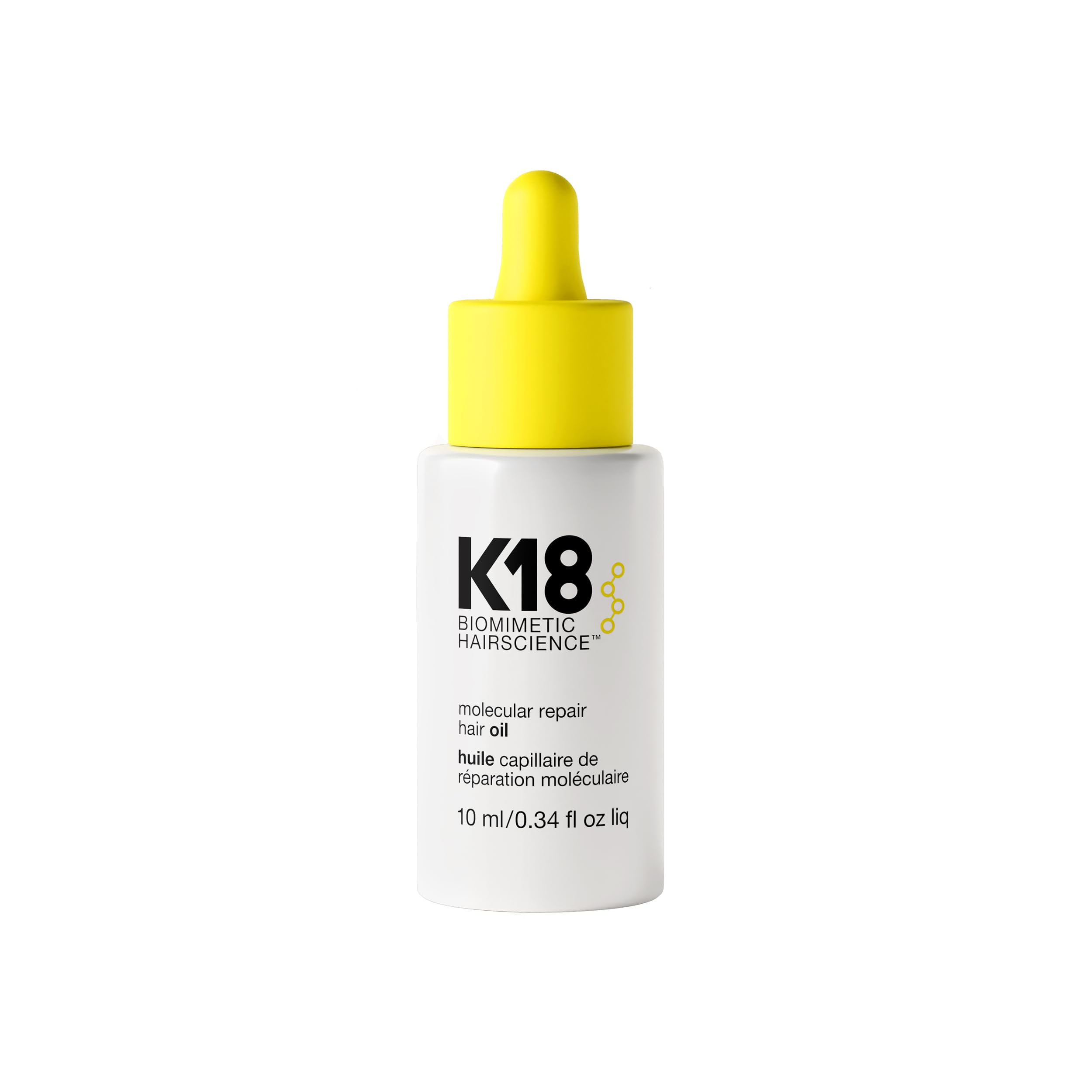 K18 Molecular Repair Hair Oil bottle demonstrates weightless, silicone-free care for all hair types.