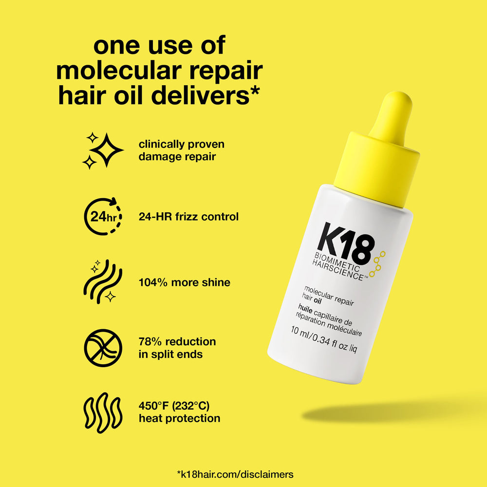 K18 Molecular Repair Hair Oil close-up dispensing on damp strands for stronger hair.