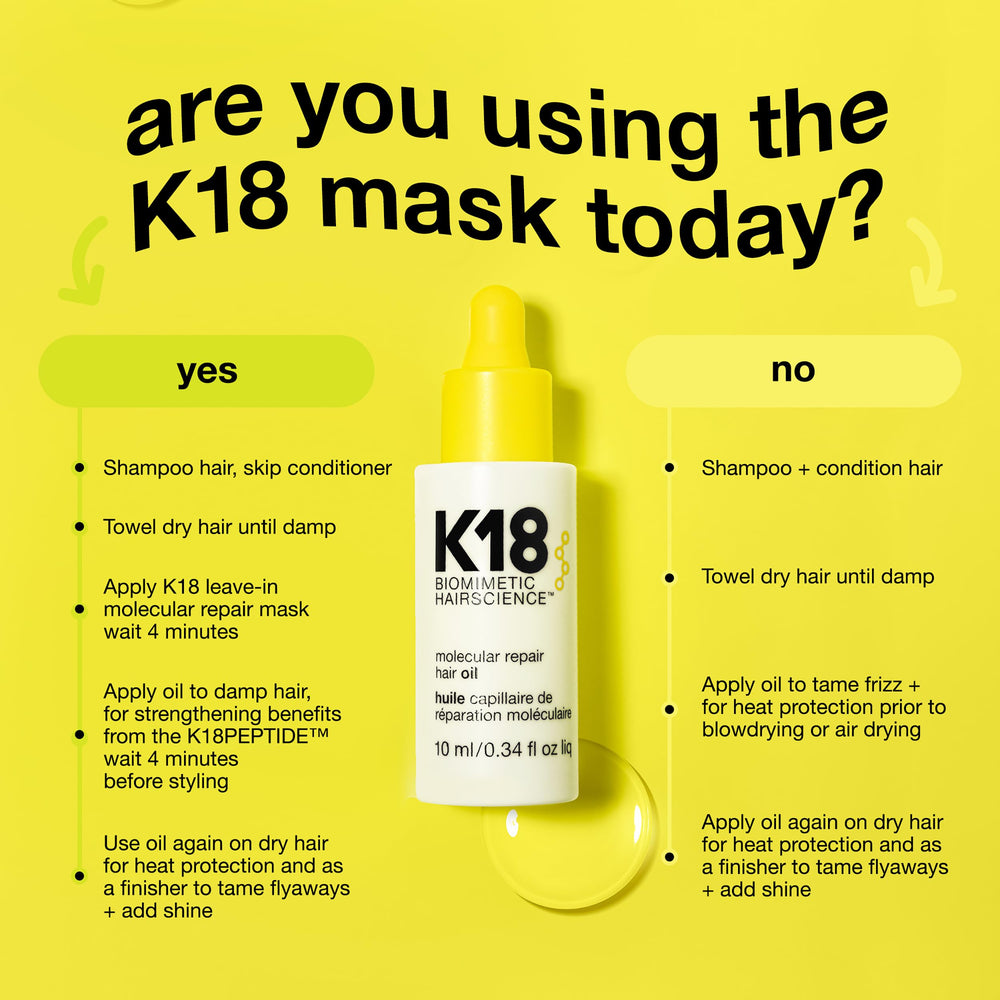 K18 Molecular Repair Hair Oil anti-frizz action shown on textured hair close-up.