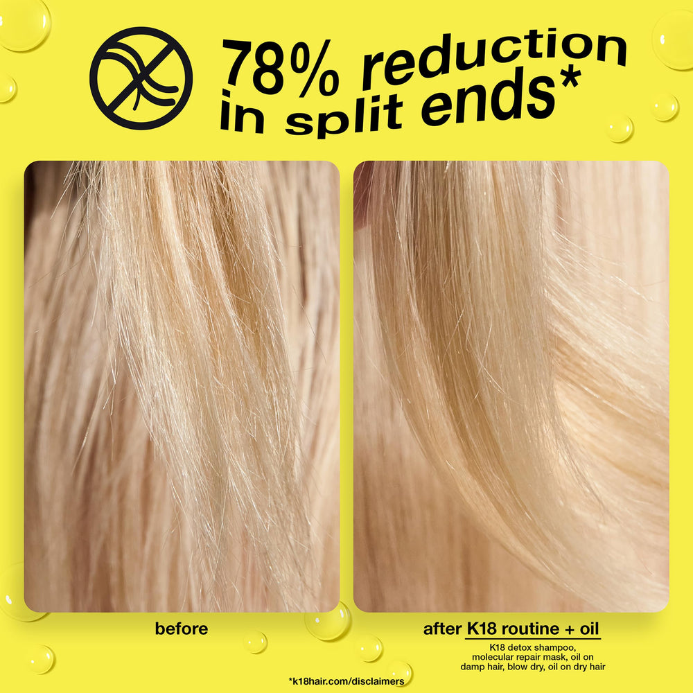 K18 Molecular Repair Hair Oil pump shows easy, quick application for frizz-prone hair.