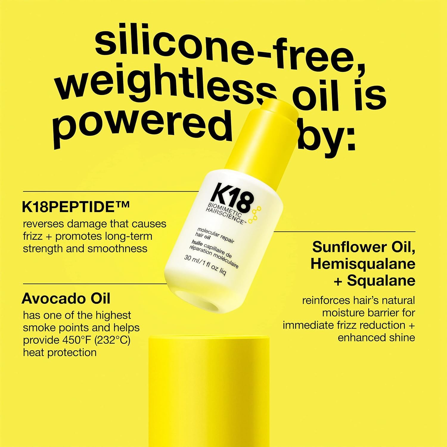 K18 Molecular Repair Hair Oil silicone-free label is visible.