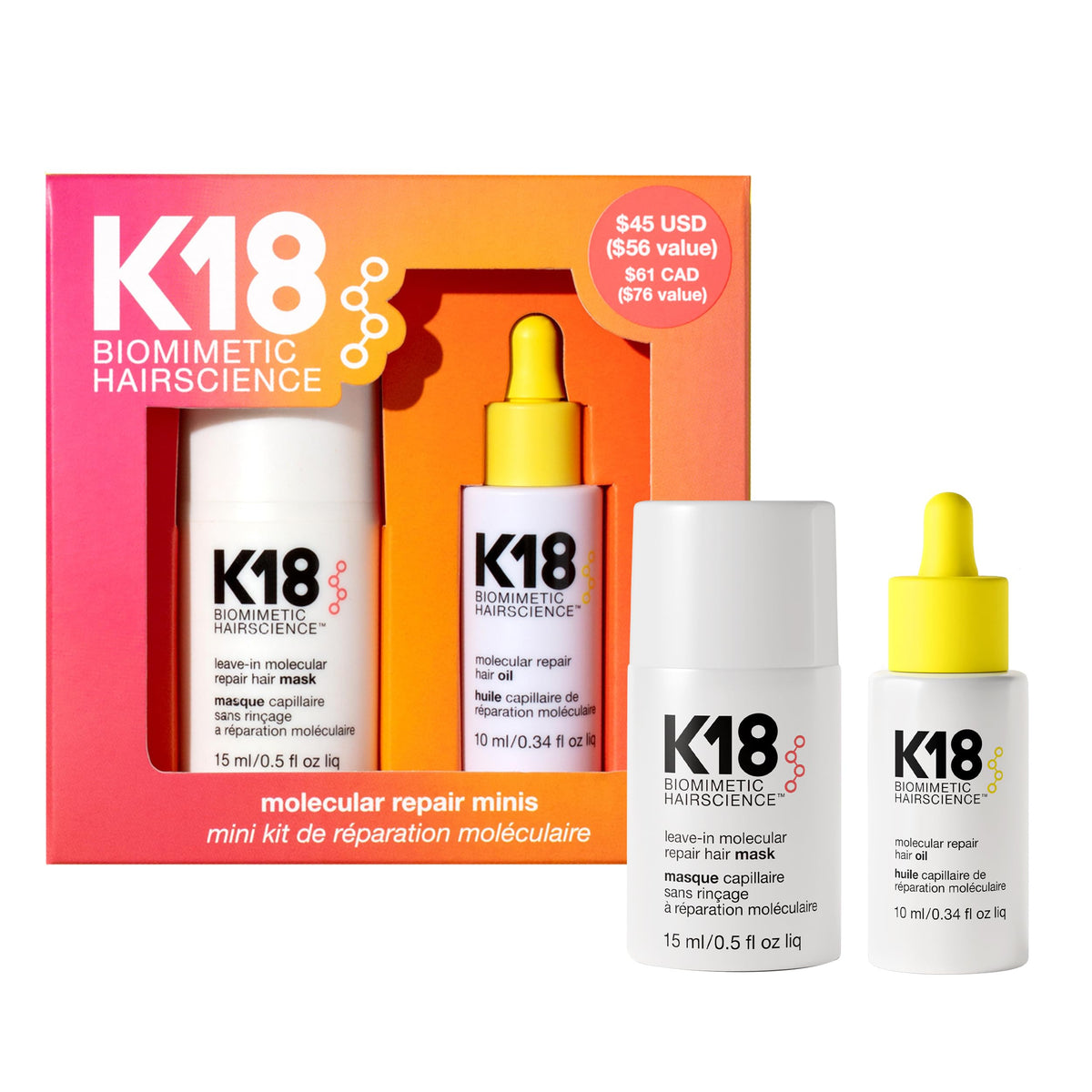 K18 Molecular Repair Minis Kit leave-in mask boosts shine and smoothness.