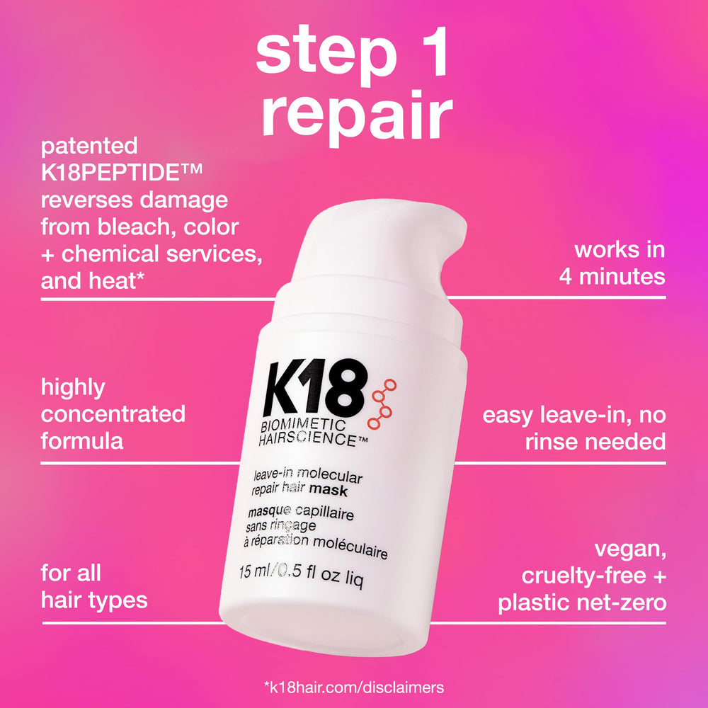 K18 Molecular Repair Minis Kit lightweight repair oil nourishes and detangles.