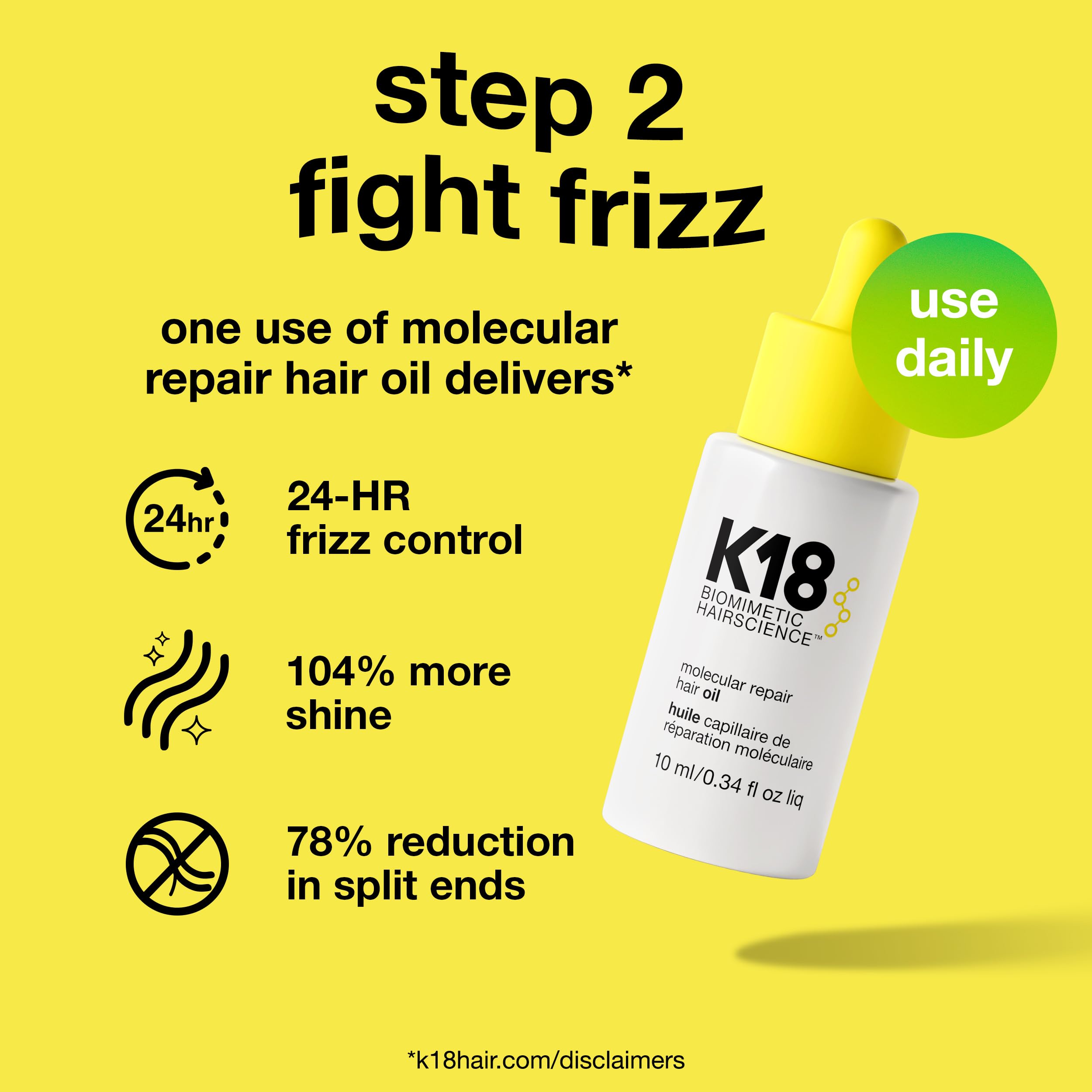 K18 Molecular Repair Minis Kit smooth-frizz-action demonstrates frizz reduction.