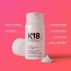K18 peptide-molecule illustration emphasizes science-backed hair repair at the core.