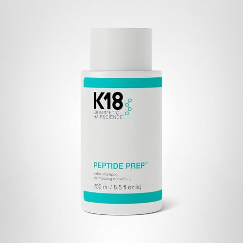 K18 PEPTIDE PREP Detox Shampoo infographic showing buildup removal and copper reduction