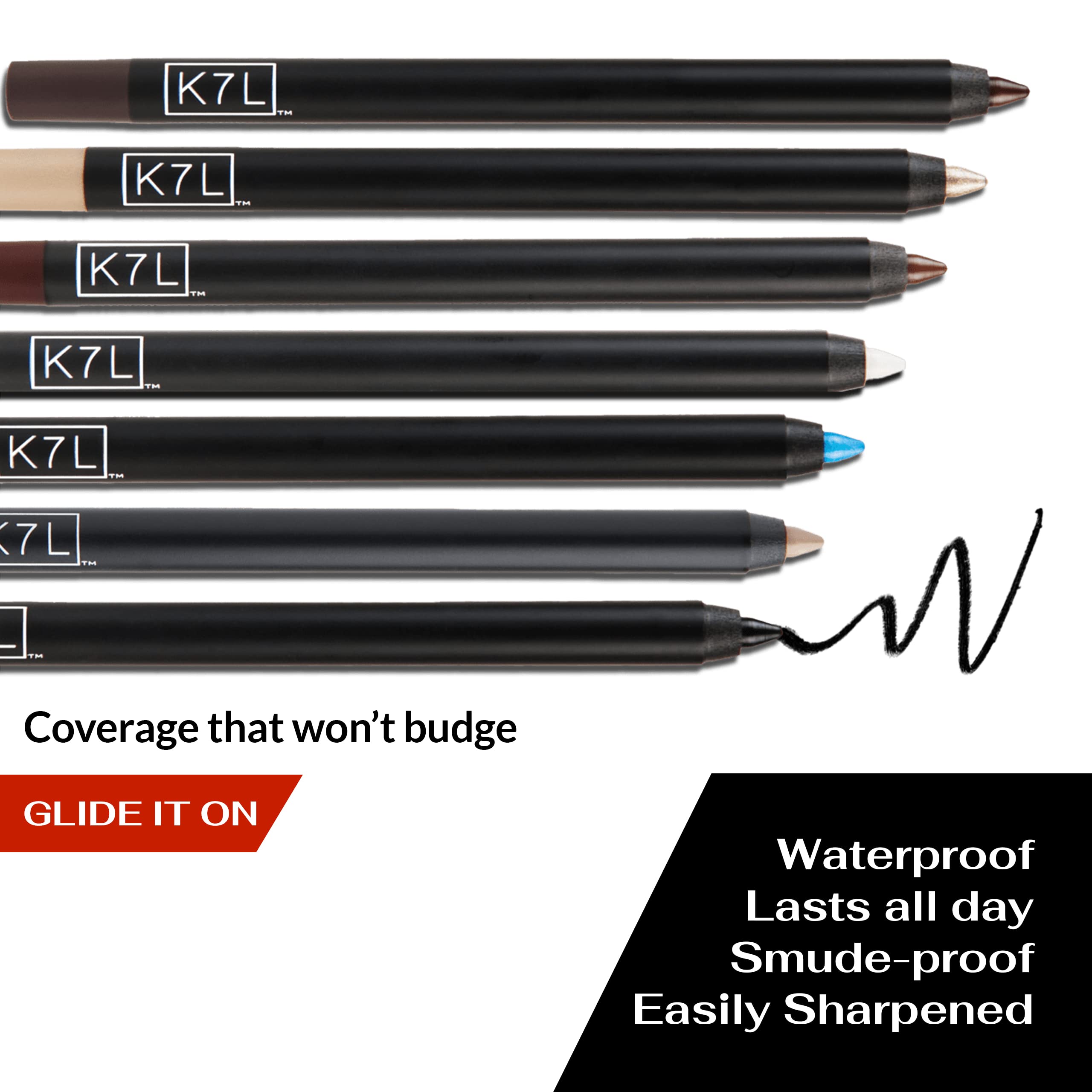 K7L Dark Brown Eyeliner close-up highlights smooth glide and bold pigment.