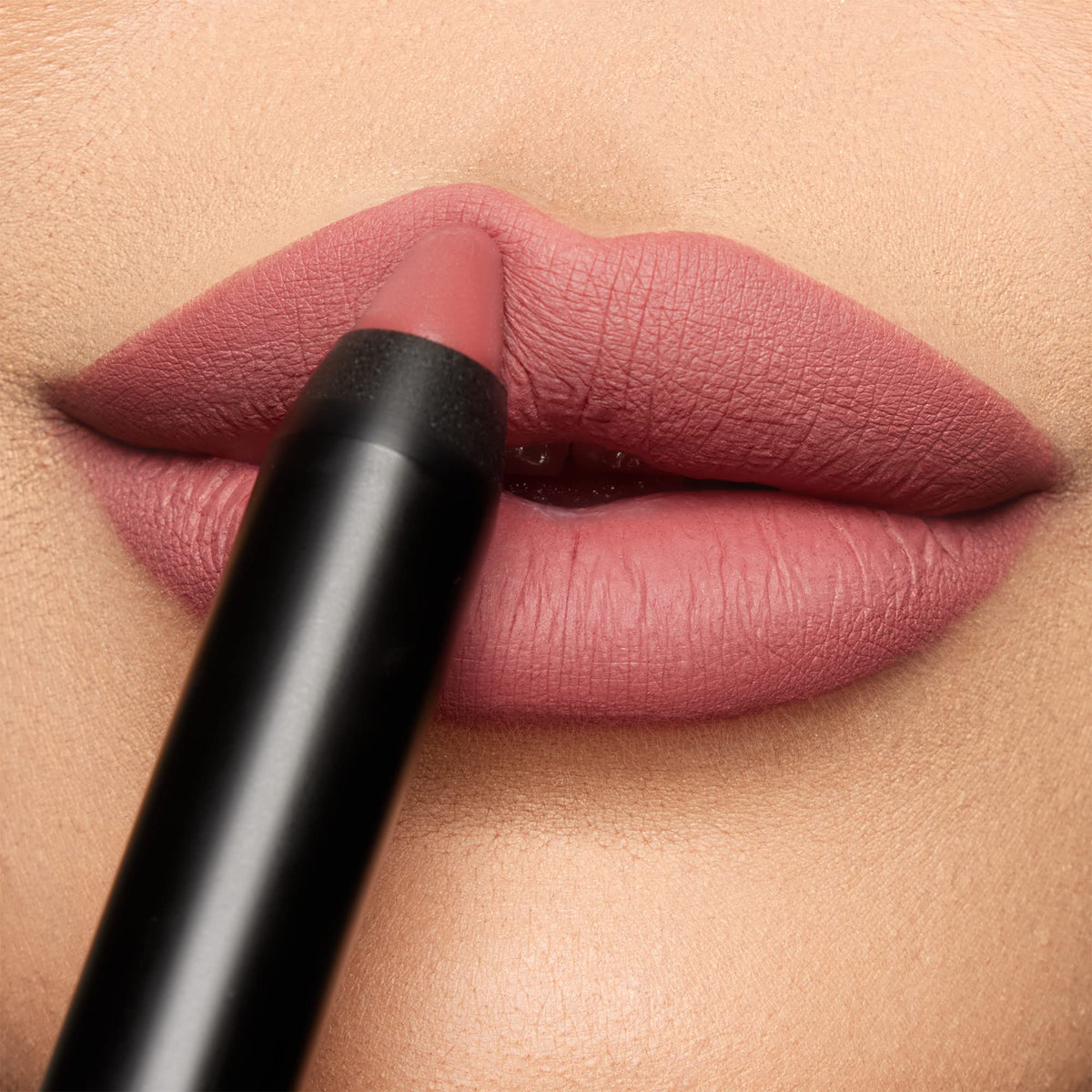 K7L Nude Pink Lipstick Crayon Tip Toe swatch shows rich matte color that lasts.