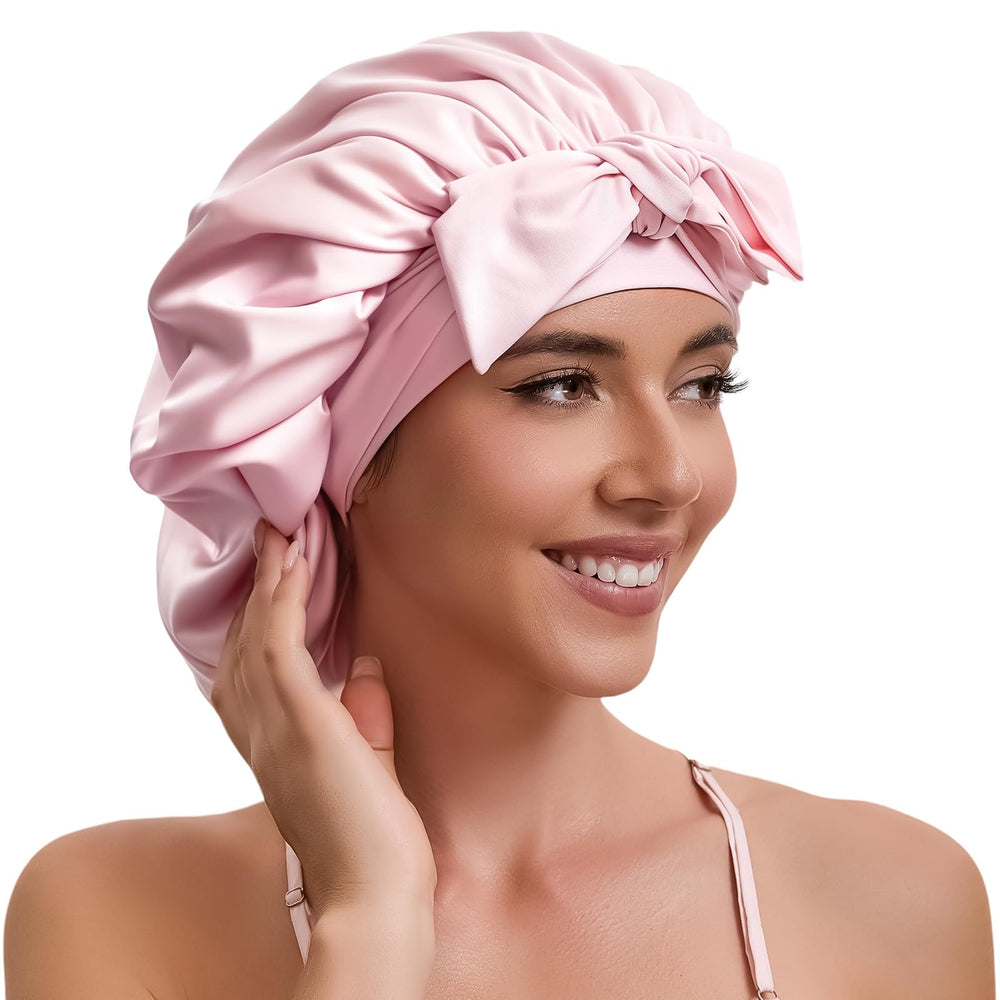 KAAHYNNO silk satin bonnet on head for gentle sleep protection and frizz reduction