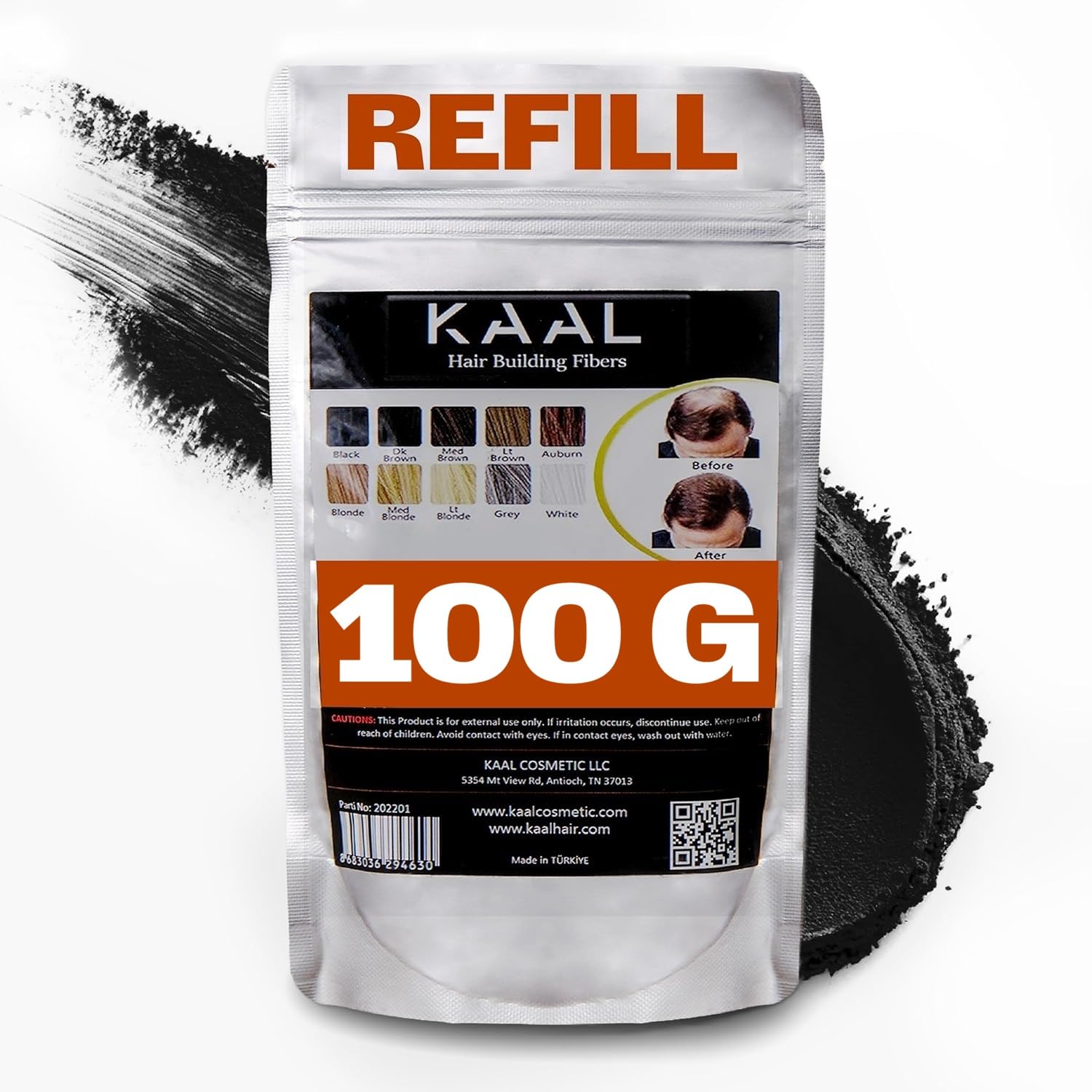 KAAL Hair Fiber Refill Pack outer pack for on-the-go touch-ups with long-lasting coverage.