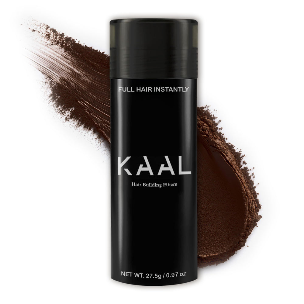 KAAL Hair Fibers bottle closeup offers instant fuller look for thinning hair.