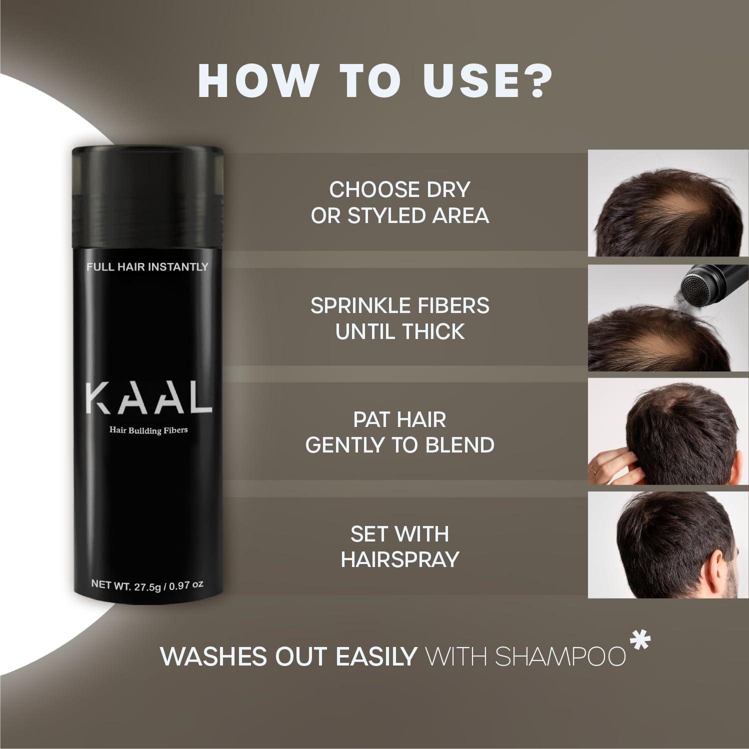 KAAL Hair Fibers lifestyle-use photo suggesting everyday confidence.